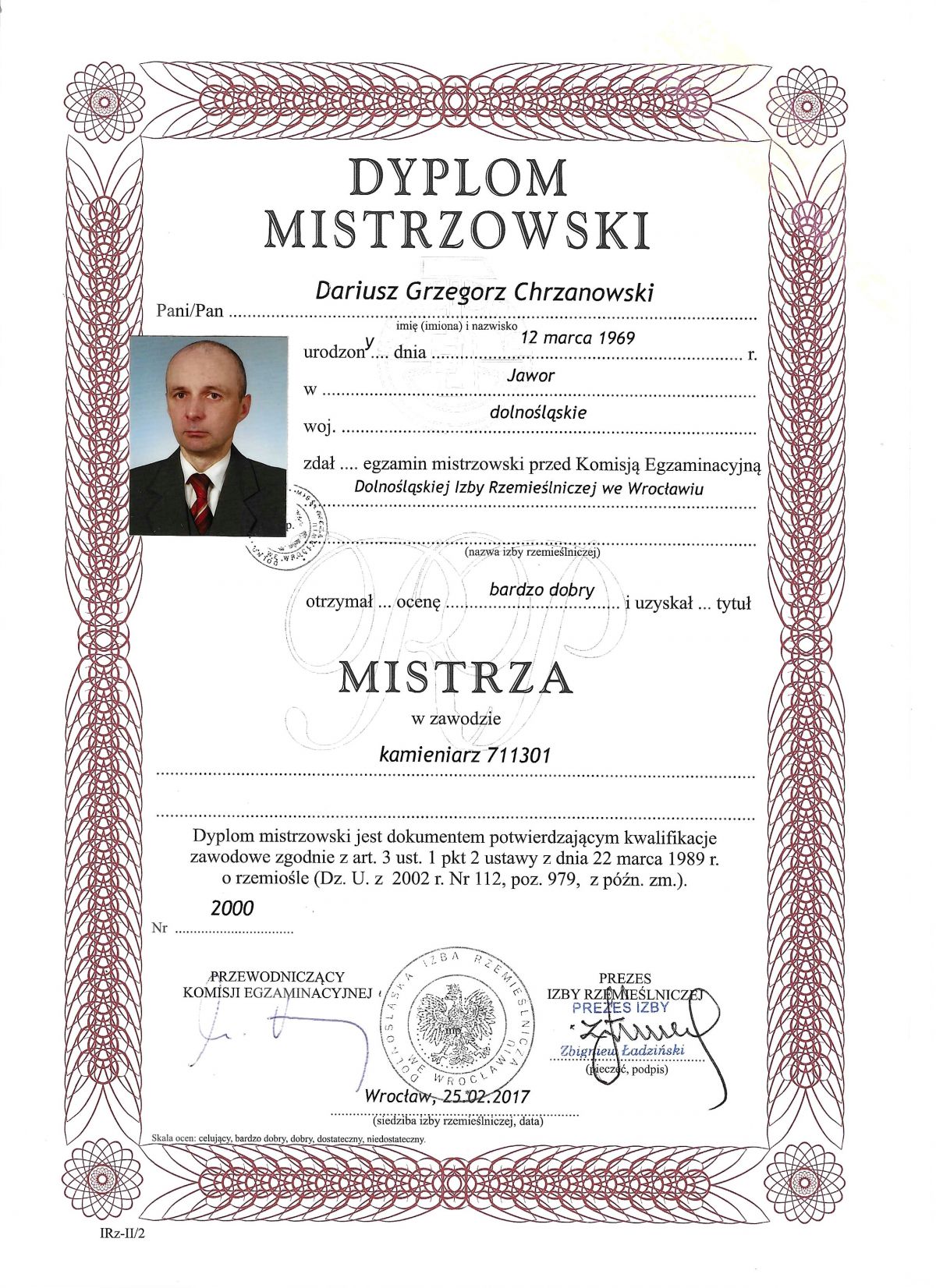 Dyplom mistrzowski w zawodzie kamieniarz